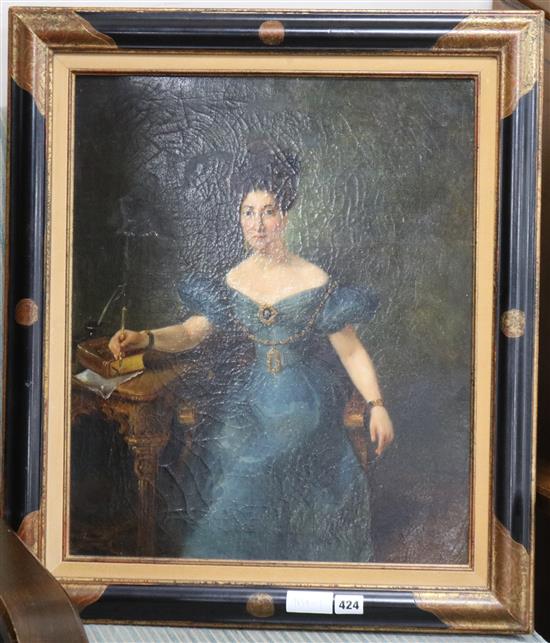 19th century French School, oil on canvas, Three quarter length portrait of a lady seated at a table, unsigned, 55 x 46cm